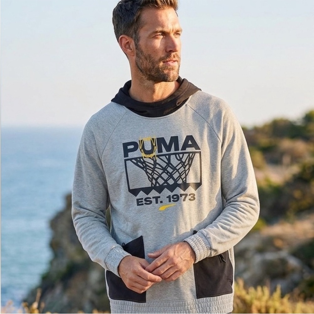 Puma Gray and Black Logo Pullover Hoodie with Basketball Graphic. Size L